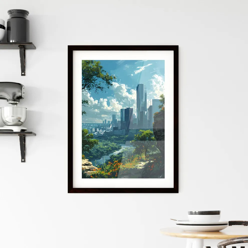 A Poster of Houston Skyline - A City Landscape With Trees And A River Custom Print