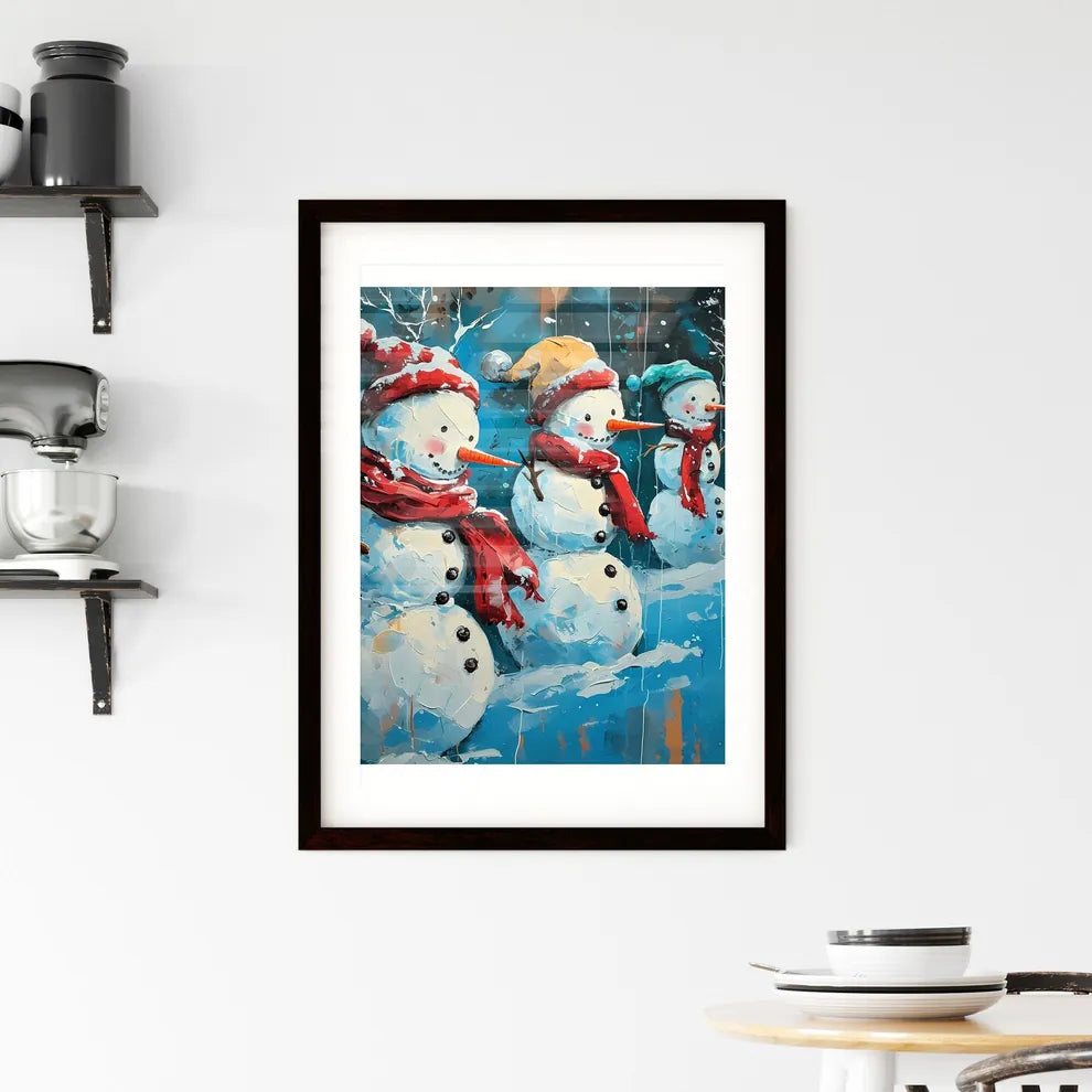 A Poster of snowmen with red scarfs - A Grou Framed Print