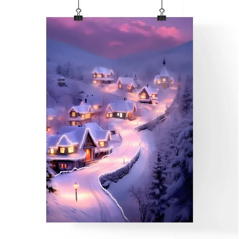 A Poster of beautiful snow scene, pink snow - A Snowy Village With Lights On The Roof Poster