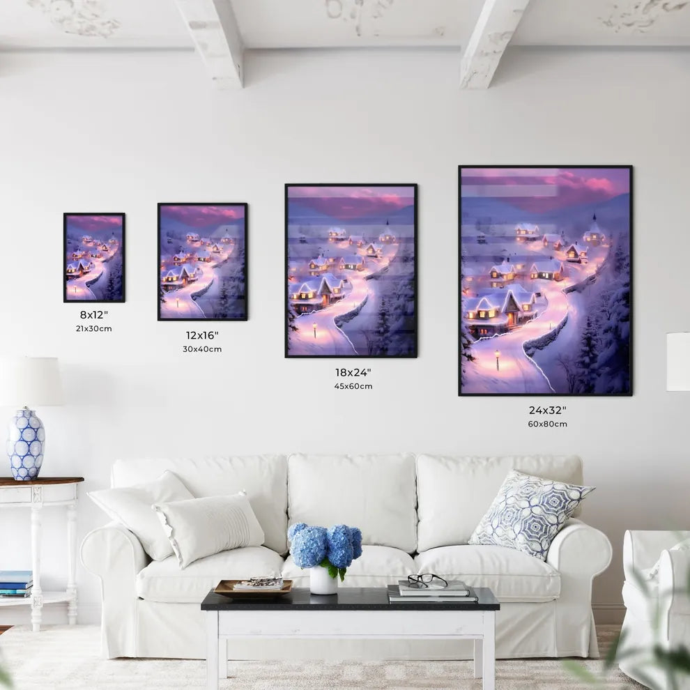 A Poster of beautiful snow scene, pink snow - A Snowy Village With Lights On The Roof Size Chart
