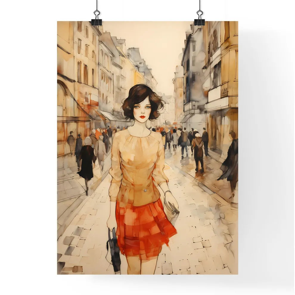 A Poster of art deco noveaux - A Woman Walking Down A Street Poster