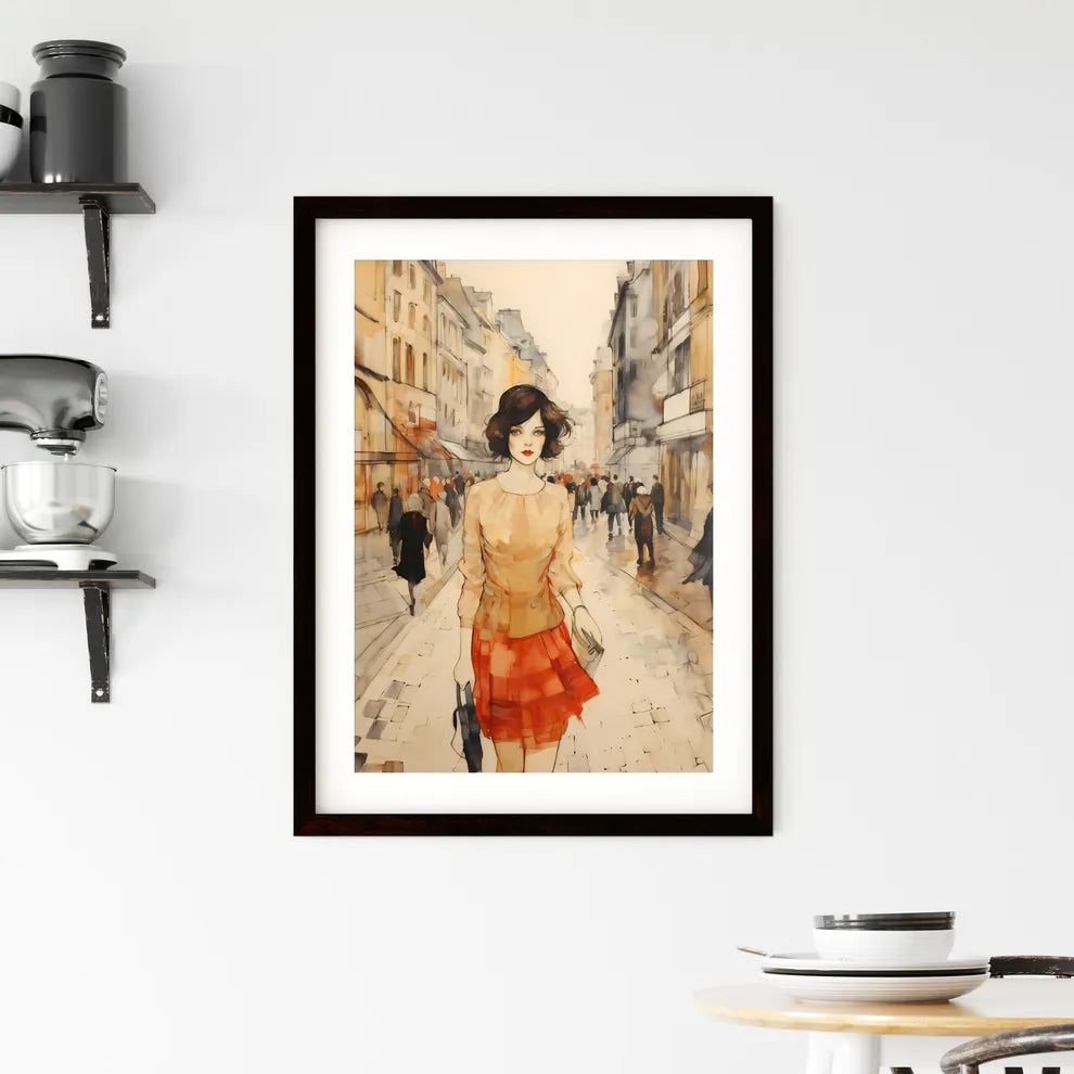 A Poster of art deco noveaux - A Woman Walking Down A Street Custom Print