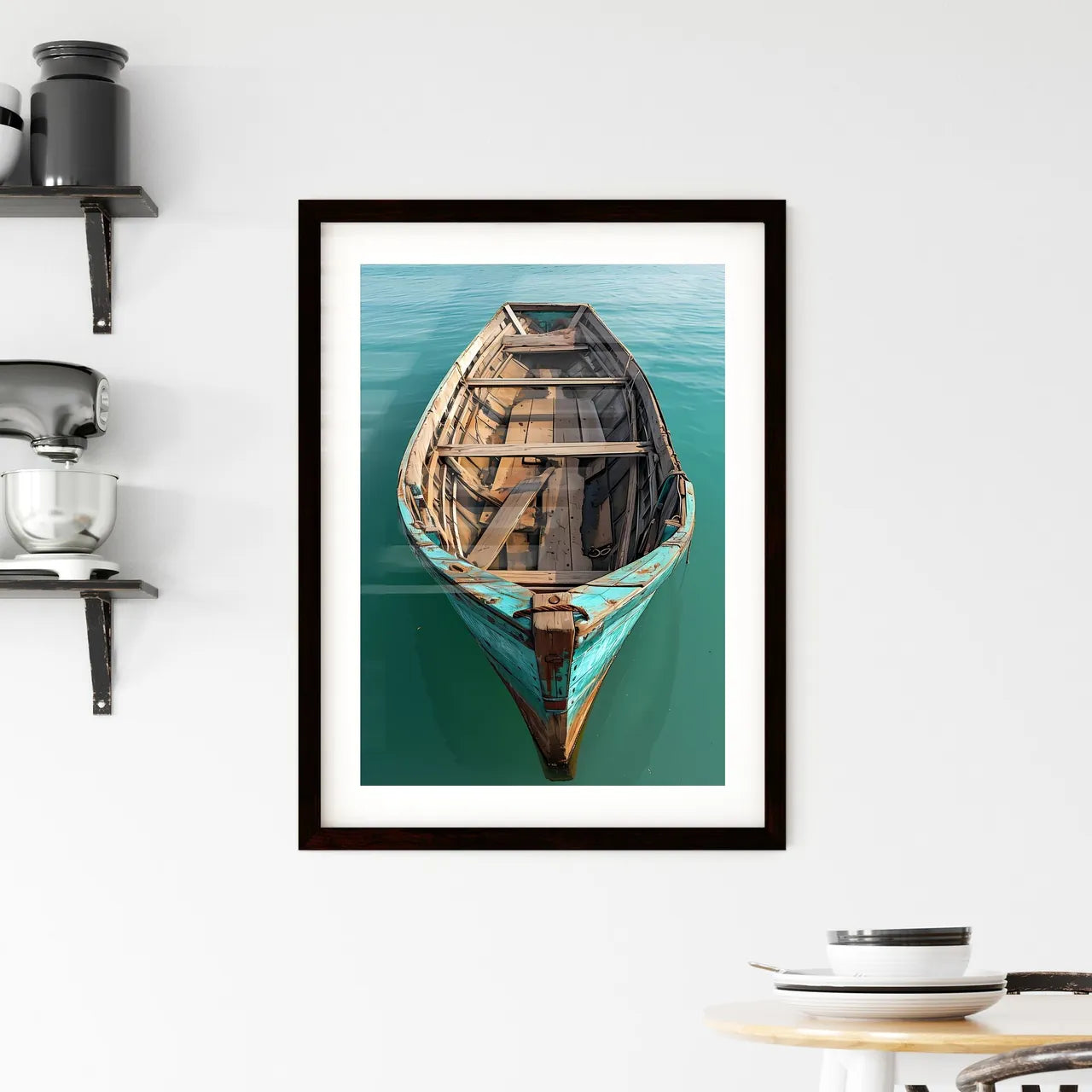 A Poster of flat lay of a retro fishing boat Framed Print
