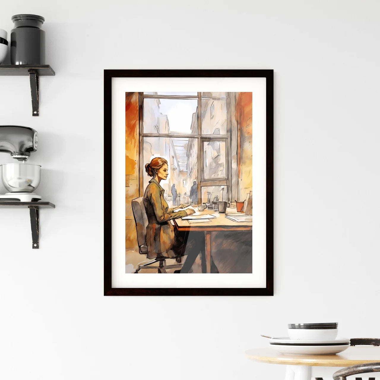 A Poster of Woman working at loft office - A Framed Print