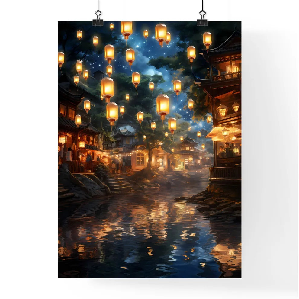 A Poster of Celebration scene with 100 lanterns - A River With Lanterns From It Poster