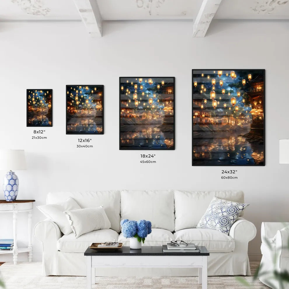 A Poster of Celebration scene with 100 lanterns - A River With Lanterns From It Size Chart