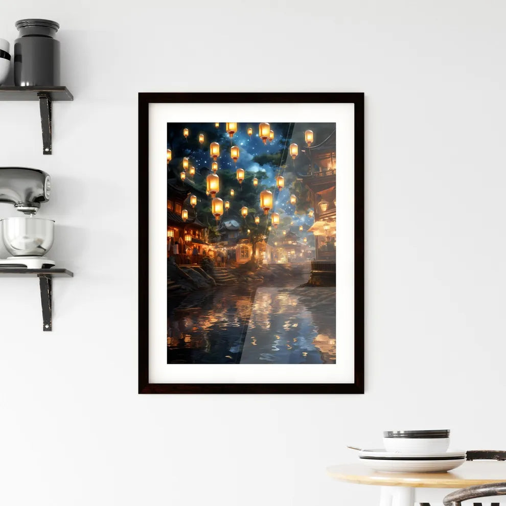 A Poster of Celebration scene with 100 lanterns - A River With Lanterns From It Custom Print