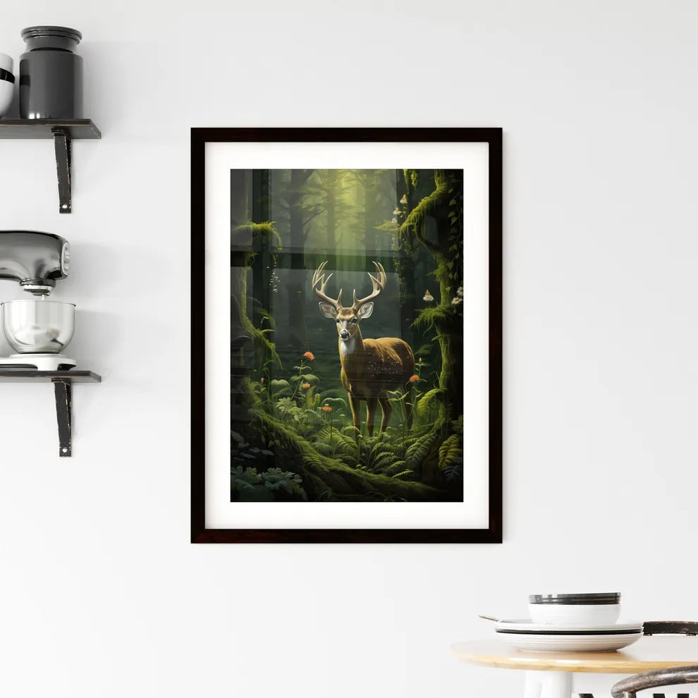 A Poster of deer in the forest  Framed Print