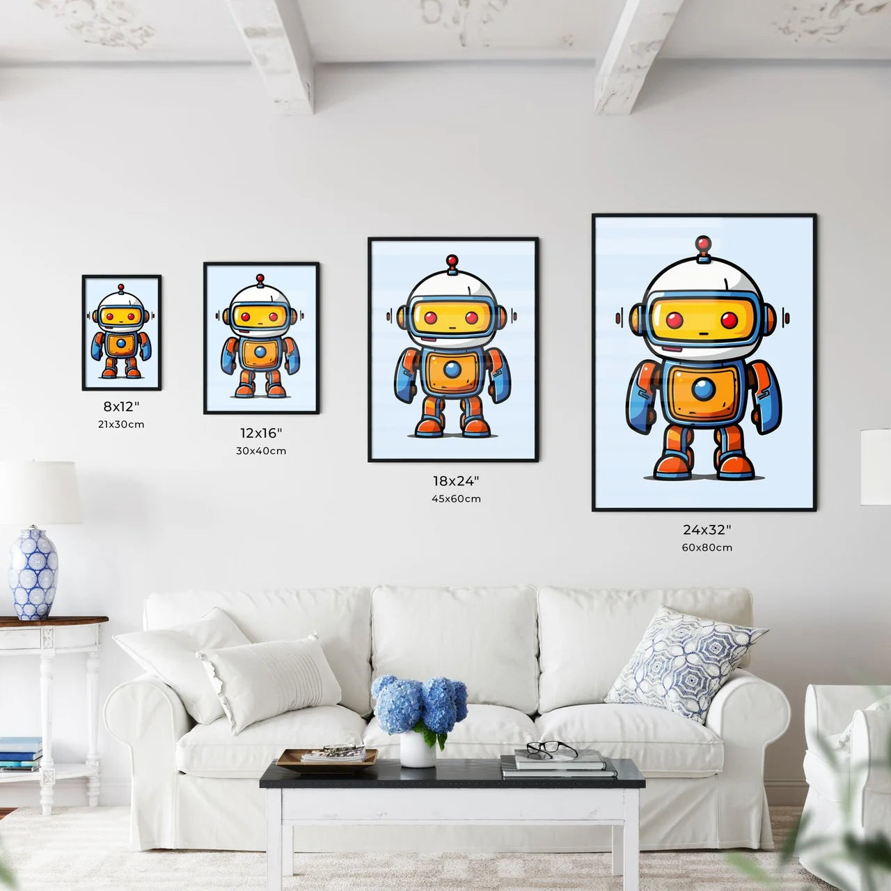 A Poster of minimalist robot art  Size Chart