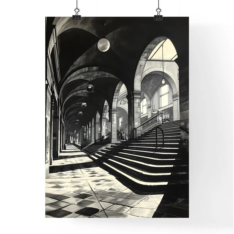 A Poster of art deco minimalism - A Black And White Photo Of A Building With A Staircase Poster