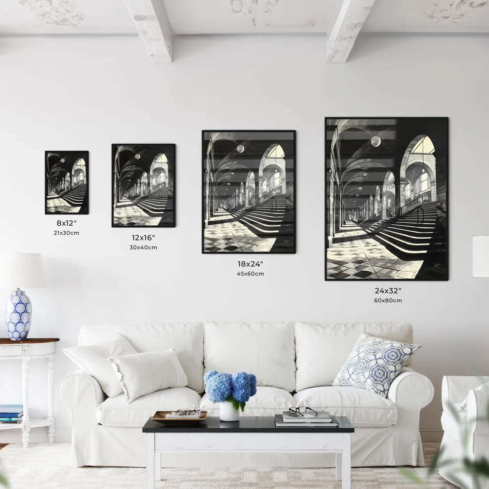 A Poster of art deco minimalism - A Black And White Photo Of A Building With A Staircase Size Chart