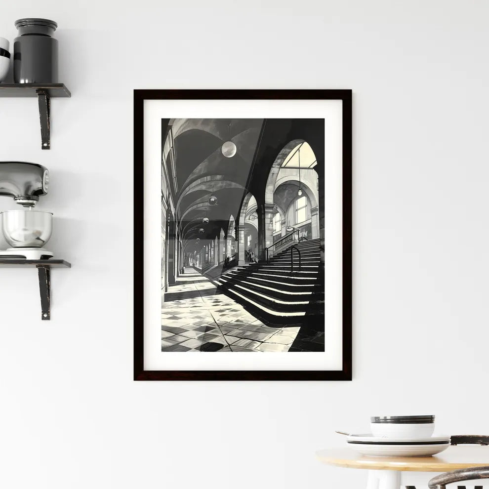 A Poster of art deco minimalism - A Black And White Photo Of A Building With A Staircase Custom Print