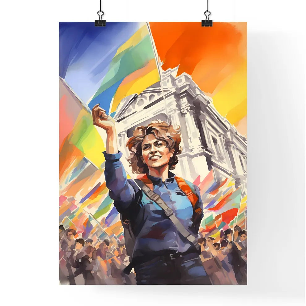 A Poster of lgbt pride illustration - A Woman Holding A Flag In Front Of A Crowd Of People Poster