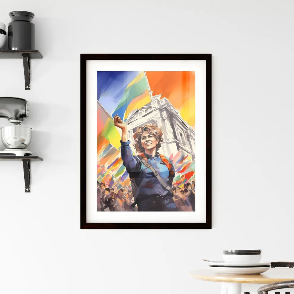 A Poster of lgbt pride illustration - A Woman Holding A Flag In Front Of A Crowd Of People Custom Print