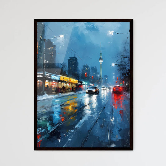 A Poster of Berlin Germany Skyline - A Street With Cars And Buildings In The Background Framed Art