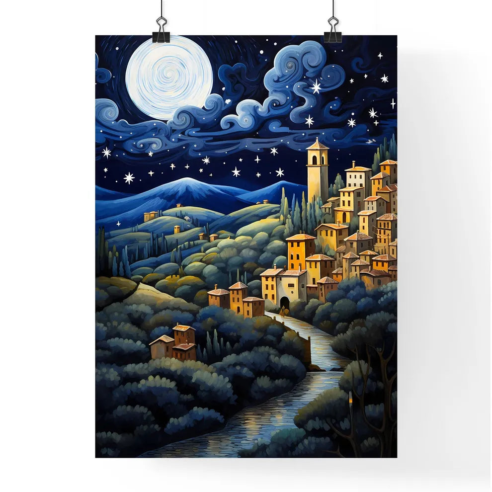A Poster of painting of a night scene - A Painting Of A Town In A Valley Poster