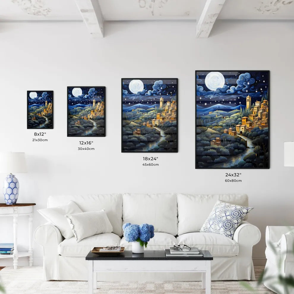A Poster of painting of a night scene - A Painting Of A Town In A Valley Size Chart