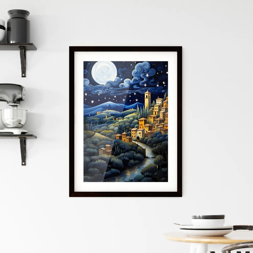 A Poster of painting of a night scene - A Painting Of A Town In A Valley Custom Print