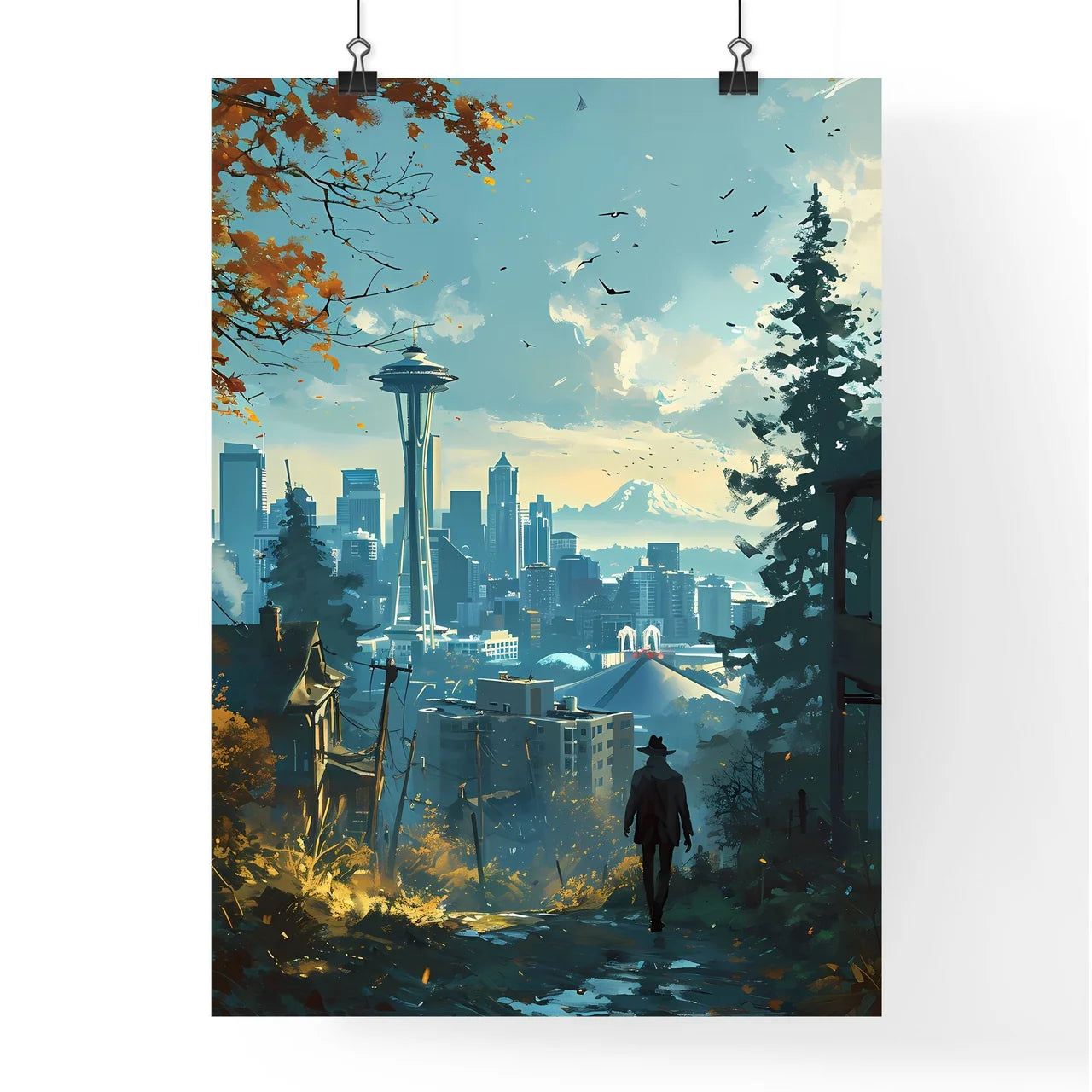 A Poster of Seattle Skyline - A Man Walking Down A Hill With A City In The Background Poster