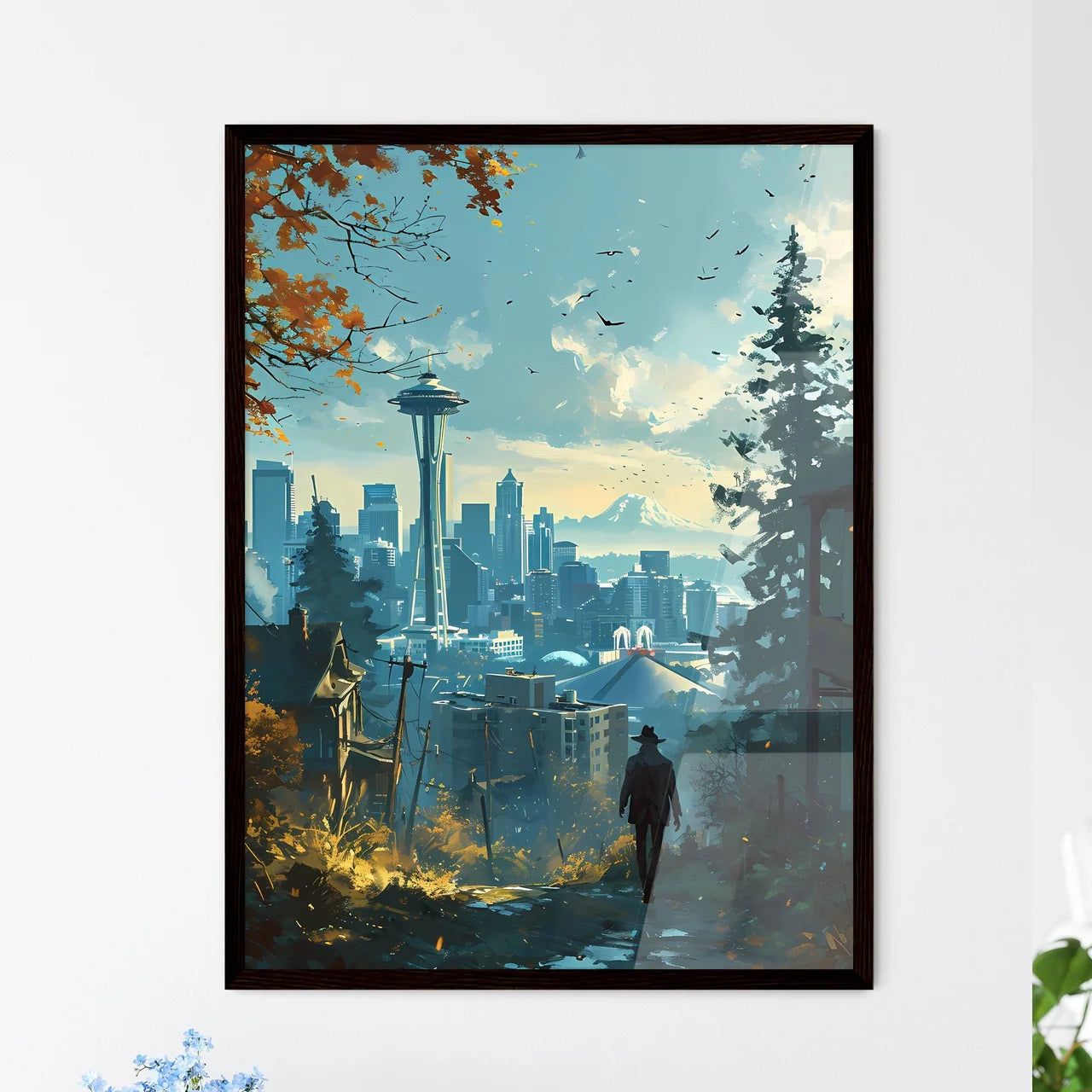 A Poster of Seattle Skyline - A Man Walking Down A Hill With A City In The Background Framed Art