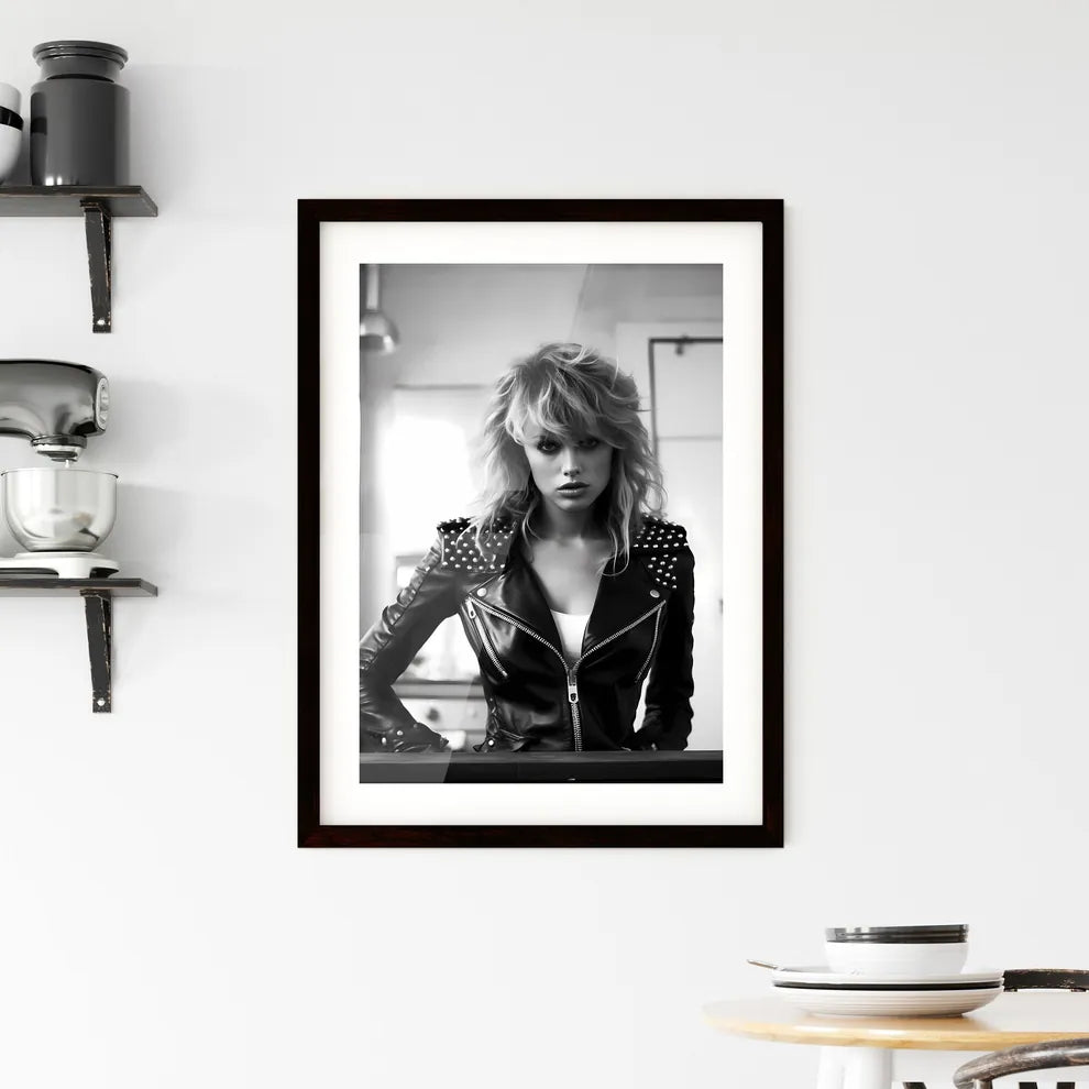 A Poster of leather goddess in a trendy kitc Framed Print