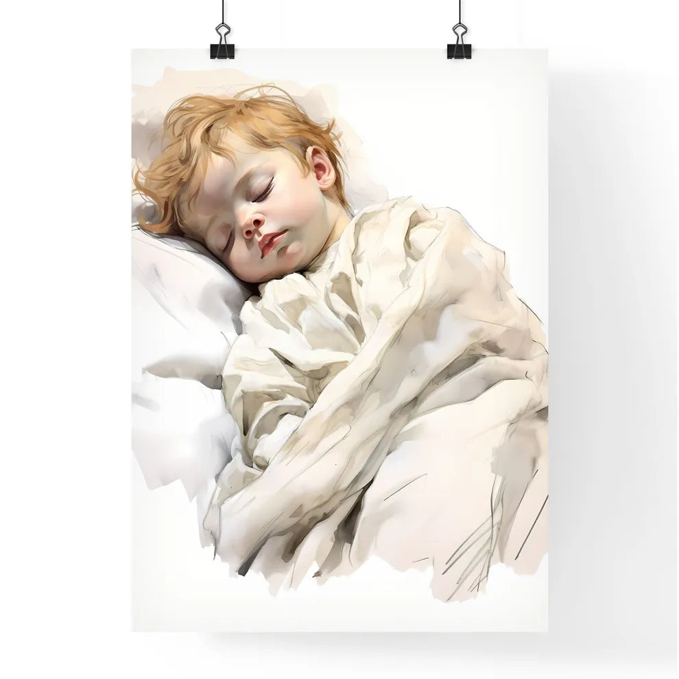 A Poster of baby sleeping in a white blanket Poster