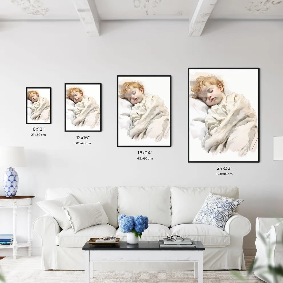 A Poster of baby sleeping in a white blanket - Kitchen Hangings