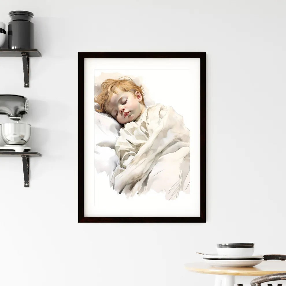 A Poster of baby sleeping in a white blanket Framed Print