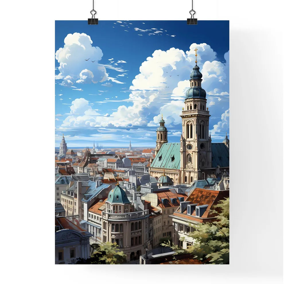 A Poster of the roofs of munich skyline - A City With A Tall Building Poster