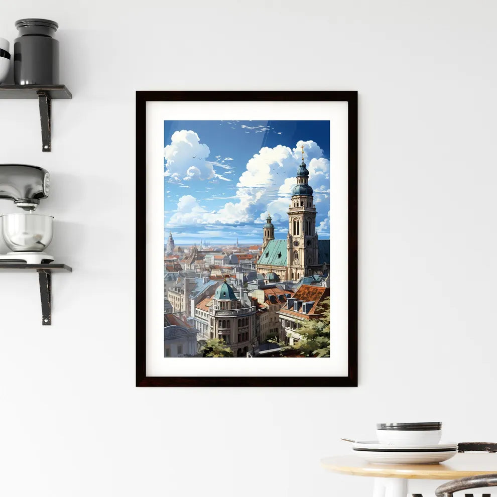 A Poster of the roofs of munich skyline - A City With A Tall Building Custom Print