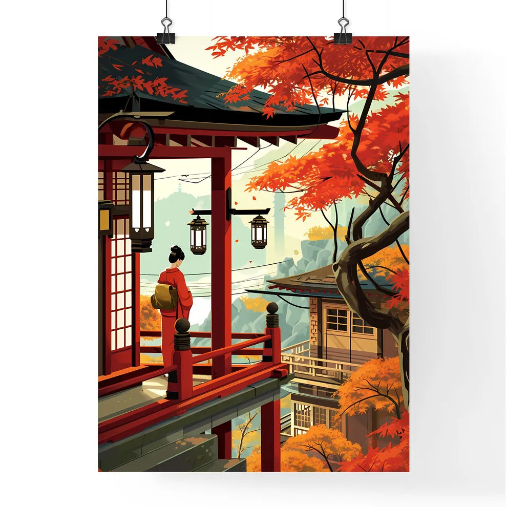 A Poster of Mount Fuji - A Woman Standing On A Balcony With Lanterns And Trees Poster