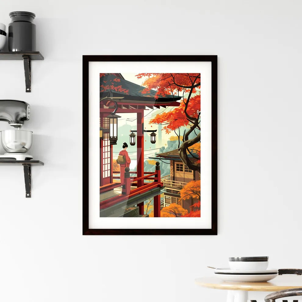 A Poster of Mount Fuji - A Woman Standing On A Balcony With Lanterns And Trees Custom Print