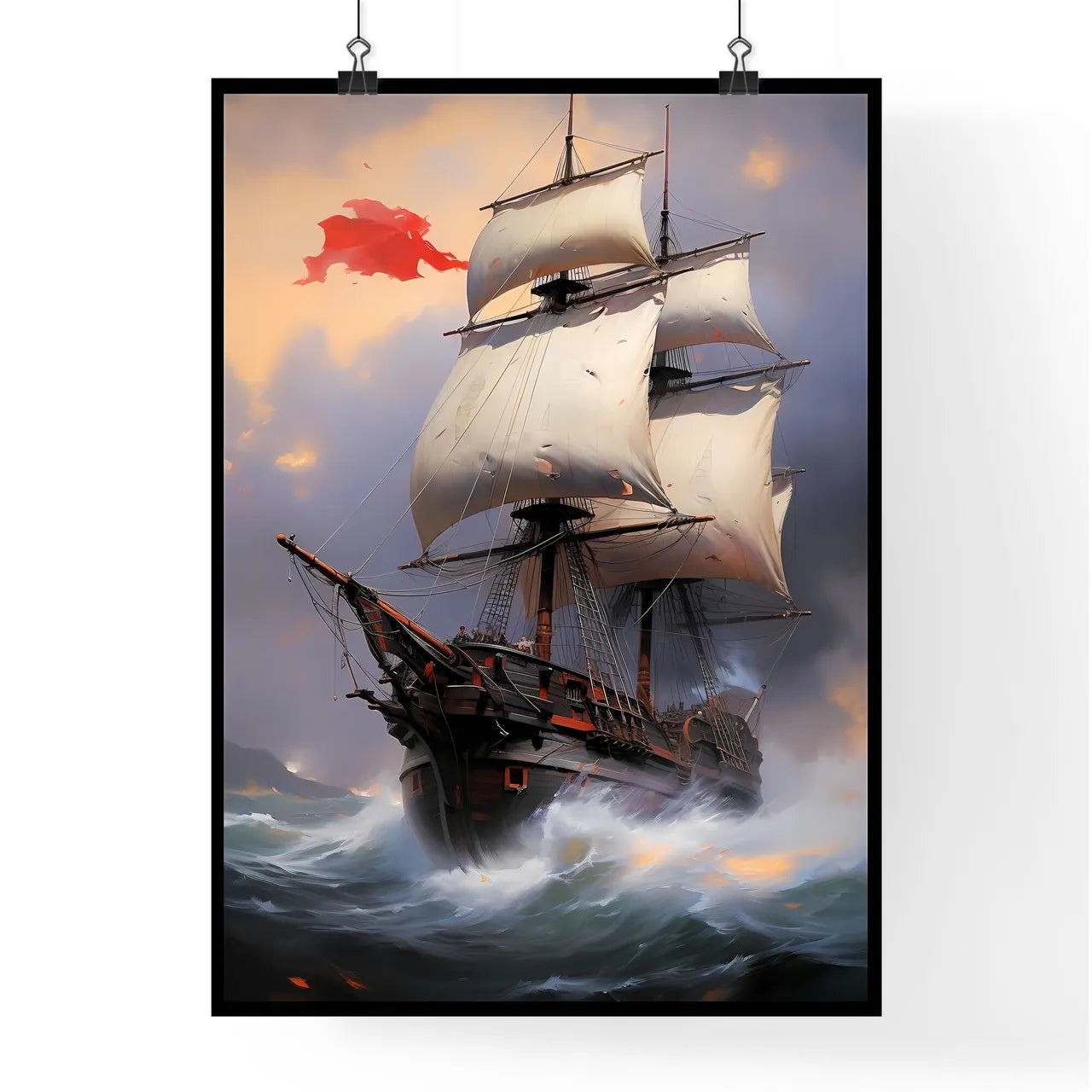 A Poster of a painting of a big ship with bi Poster