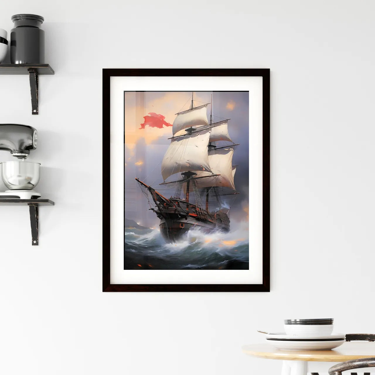 A Poster of a painting of a big ship with bi Framed Print