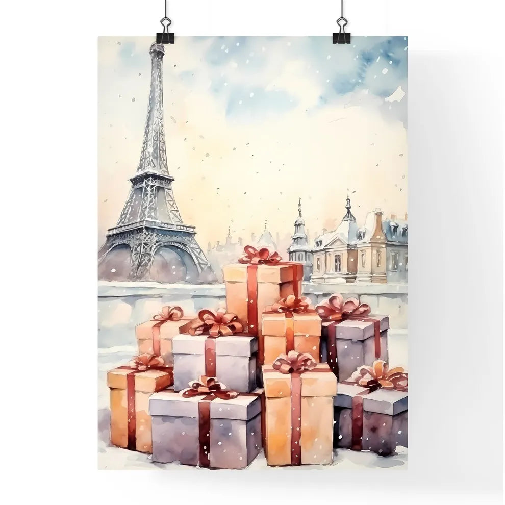 A Poster of Christmas and Holiday Gifts on Snow - A Watercolor Of A Tower With A Stack Of Presents Poster