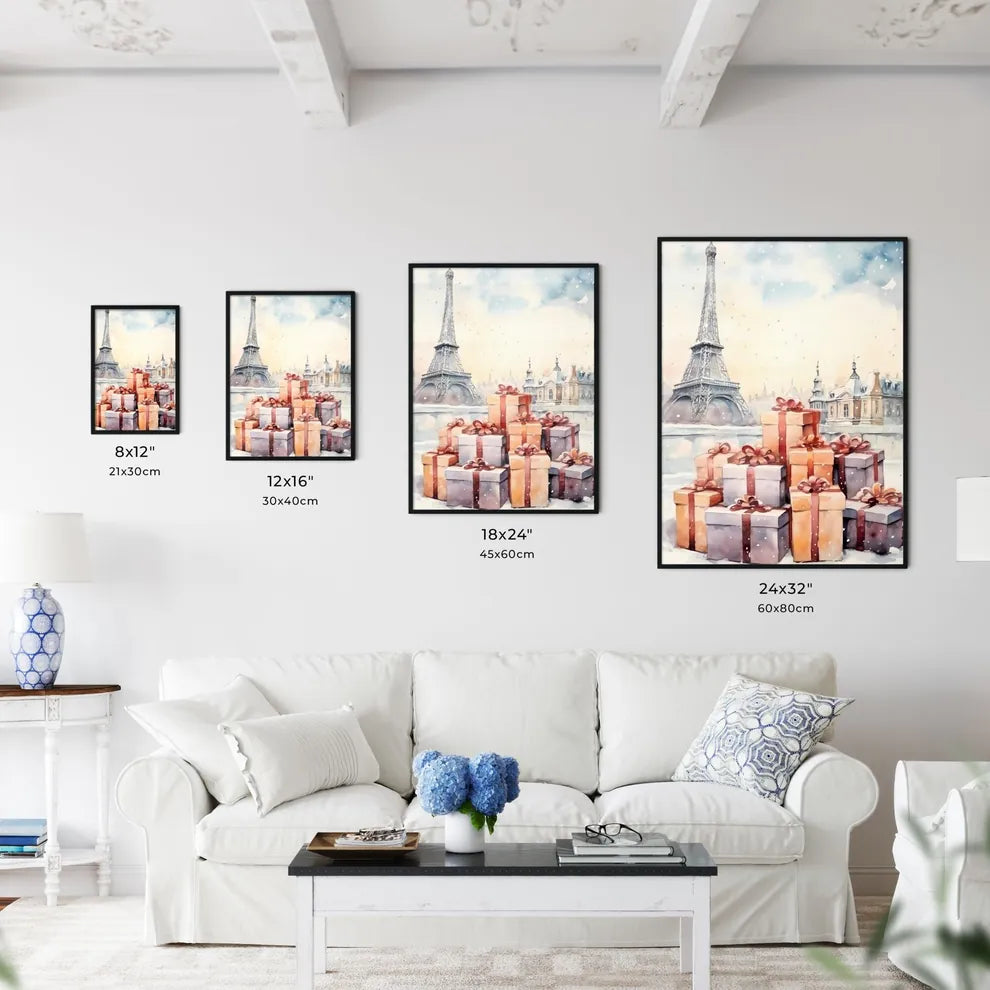 A Poster of Christmas and Holiday Gifts on Snow - A Watercolor Of A Tower With A Stack Of Presents Size Chart