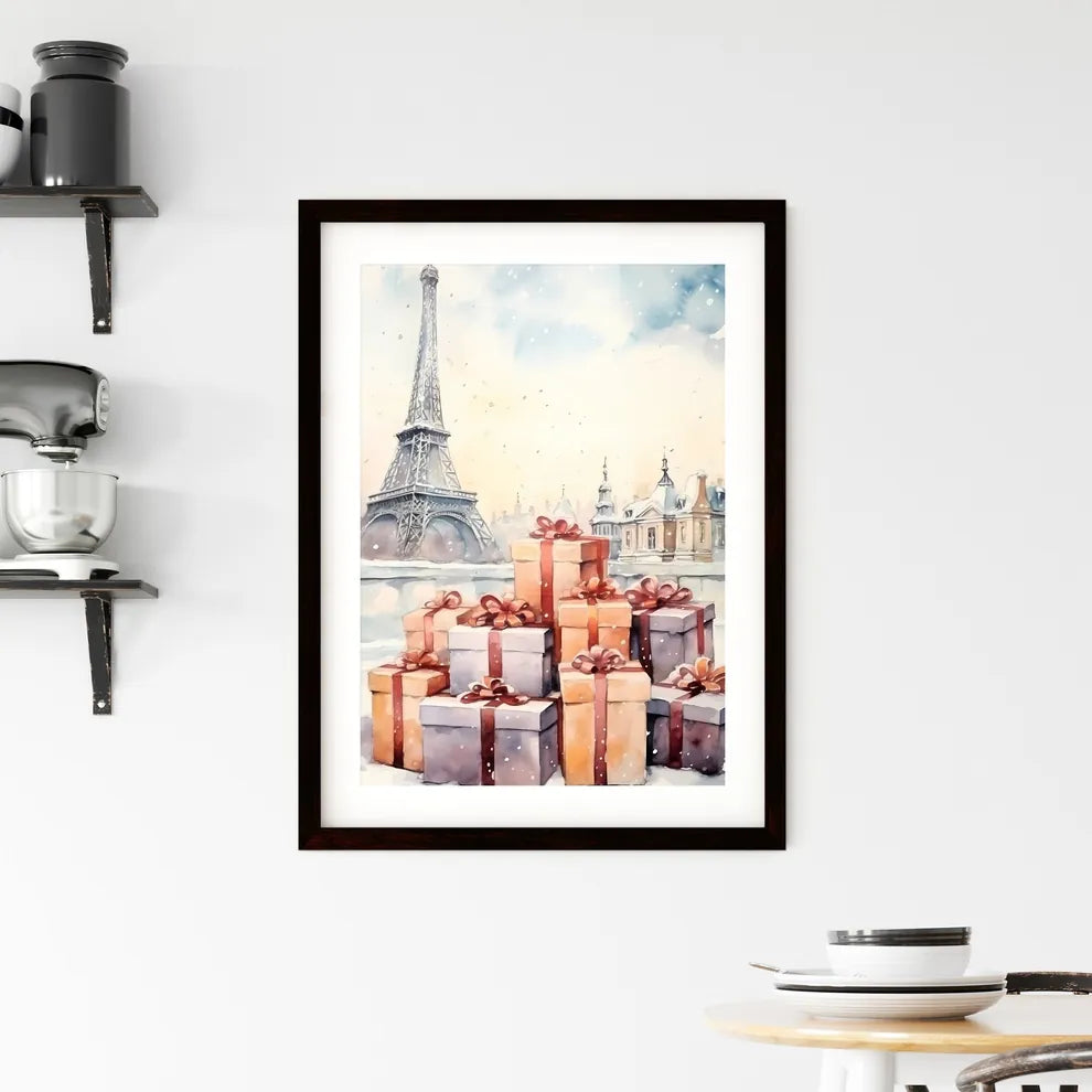 A Poster of Christmas and Holiday Gifts on Snow - A Watercolor Of A Tower With A Stack Of Presents Custom Print