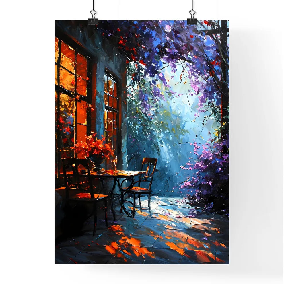 A Poster of Painting of table and chairs by the window - A Table And Chairs Outside A Building Poster