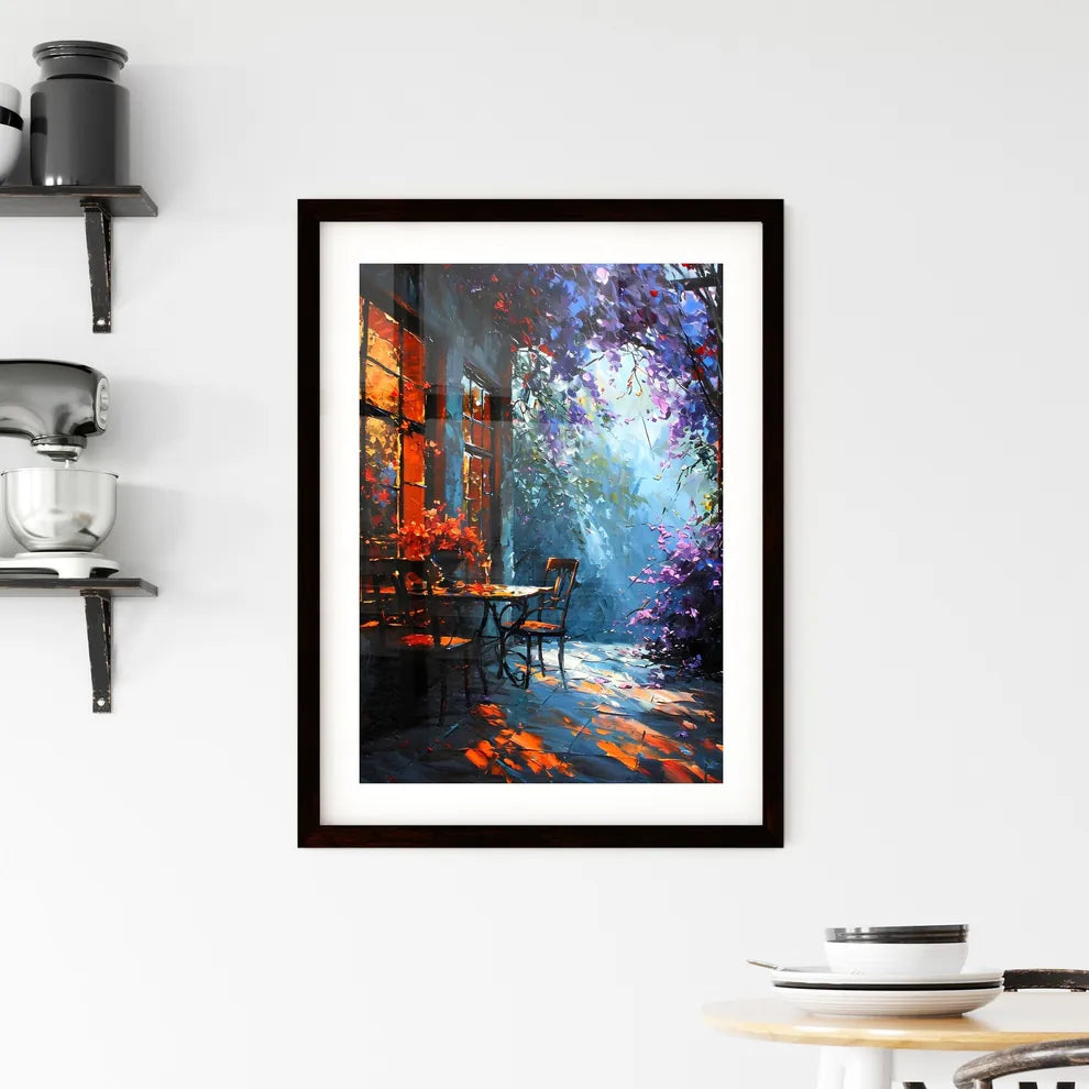 A Poster of Painting of table and chairs by the window - A Table And Chairs Outside A Building Custom Print