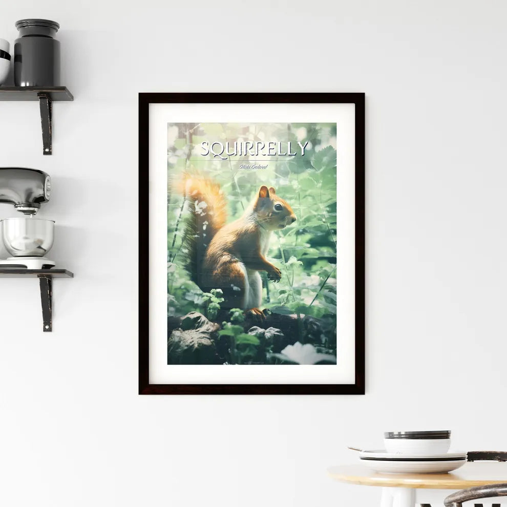 A Poster of a squirrel scampers after nuts  Framed Print