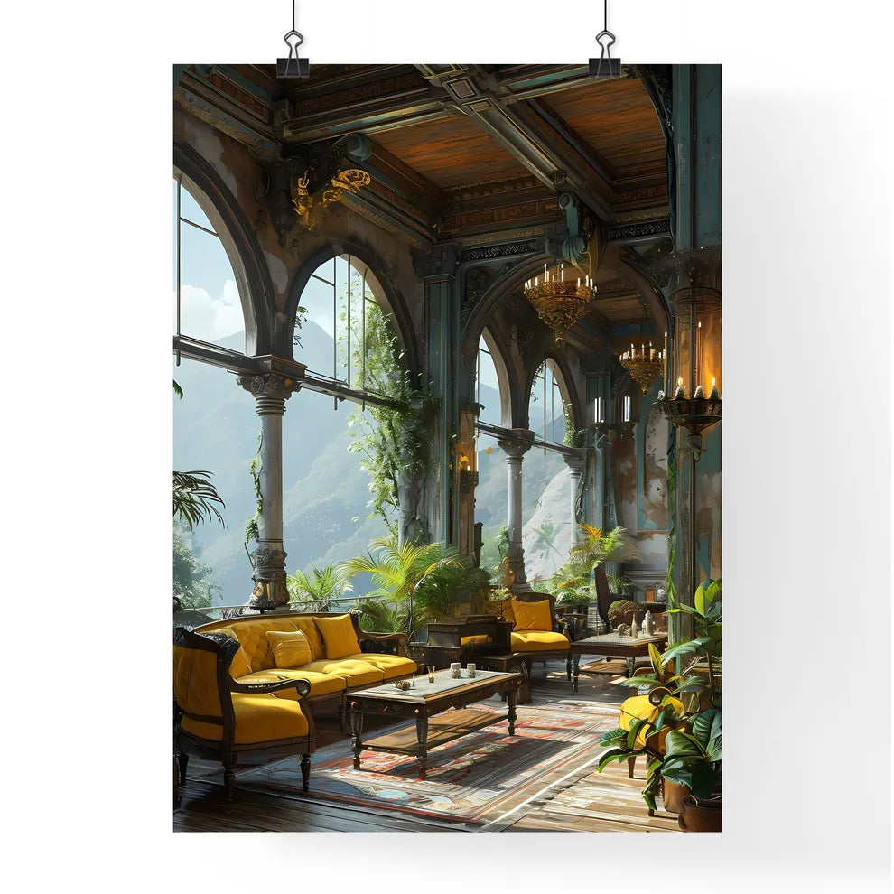 A Poster of furniture on deck with a view - A Room With A Large Window And Plants Poster