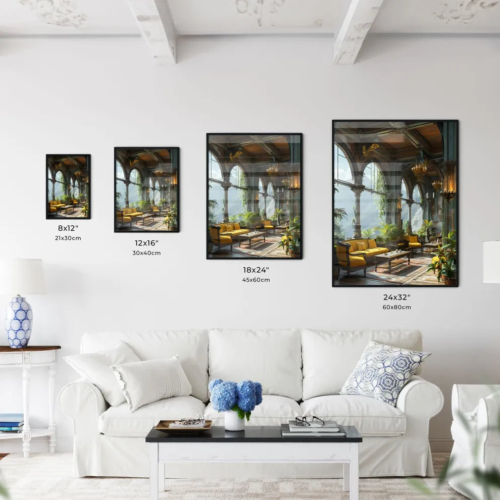 A Poster of furniture on deck with a view - A Room With A Large Window And Plants Size Chart