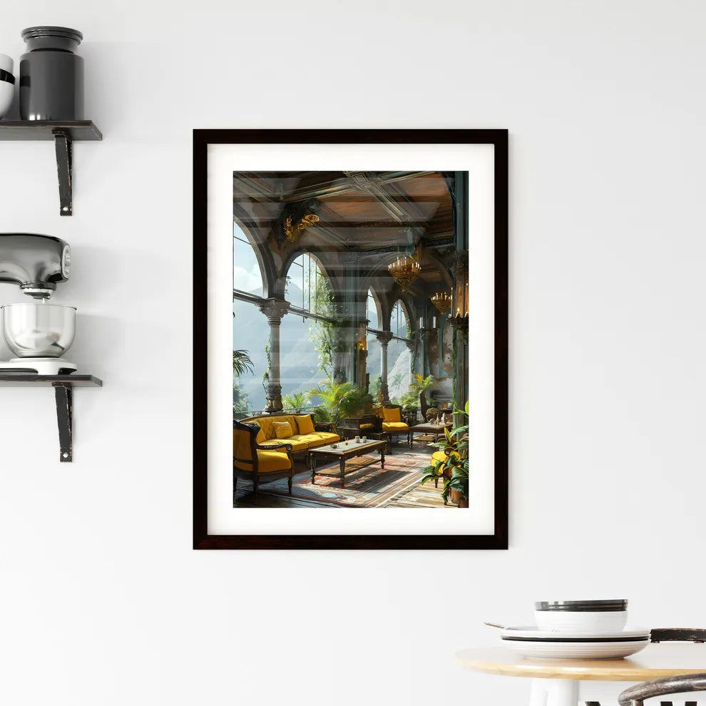 A Poster of furniture on deck with a view - A Room With A Large Window And Plants Custom Print