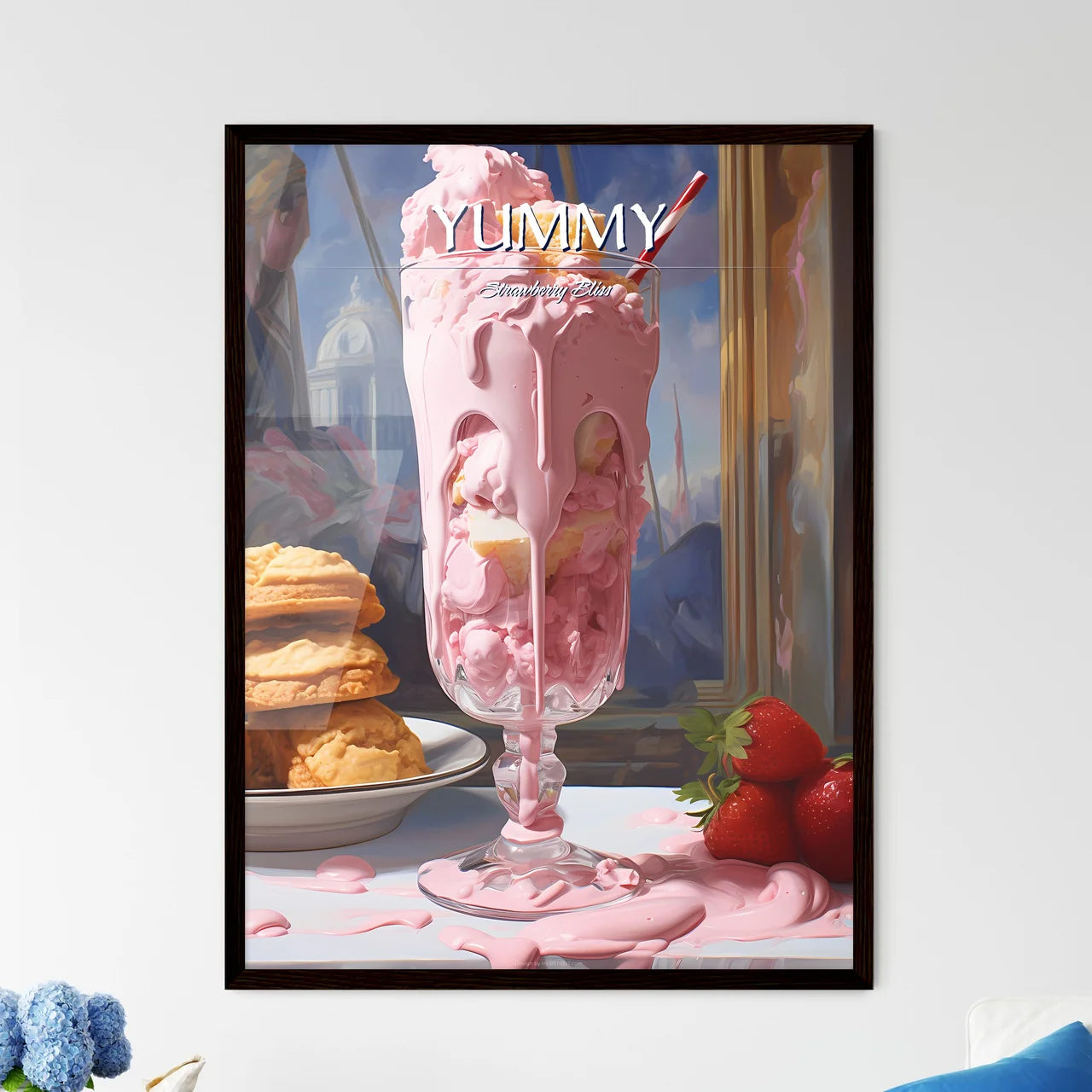 A Poster of strawberry milkshake - A Pink Ic - Framed Art Print