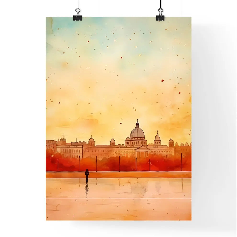 A Poster of minimal christmas background - A Watercolor Of A City With A Building In The Background Poster