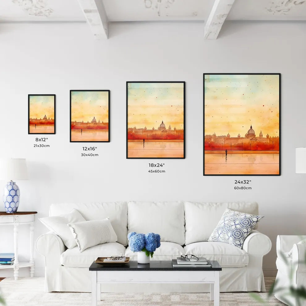 A Poster of minimal christmas background - A Watercolor Of A City With A Building In The Background Size Chart