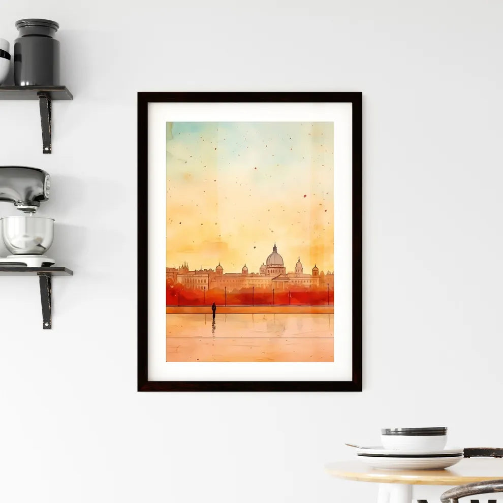 A Poster of minimal christmas background - A Watercolor Of A City With A Building In The Background Custom Print