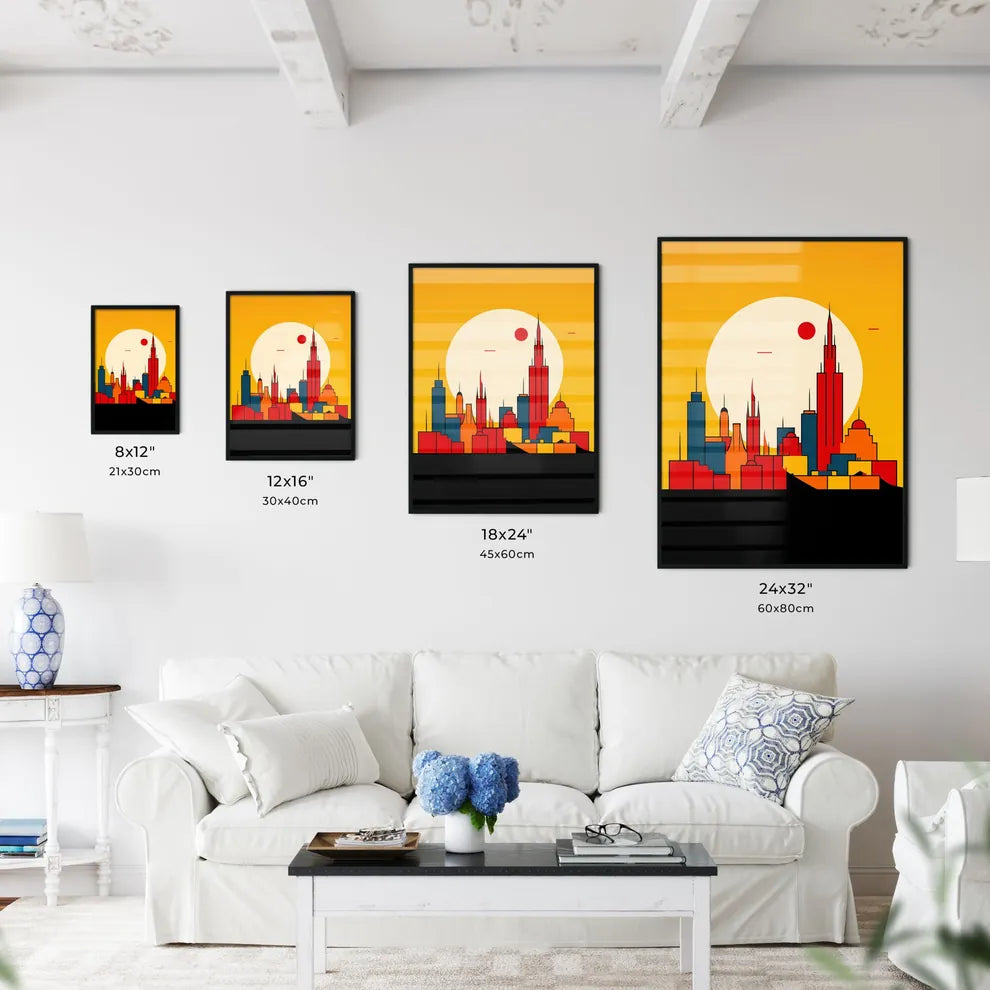 A Poster of minimalist Mexico City skyline - A City Skyline With A Sun Behind It Size Chart