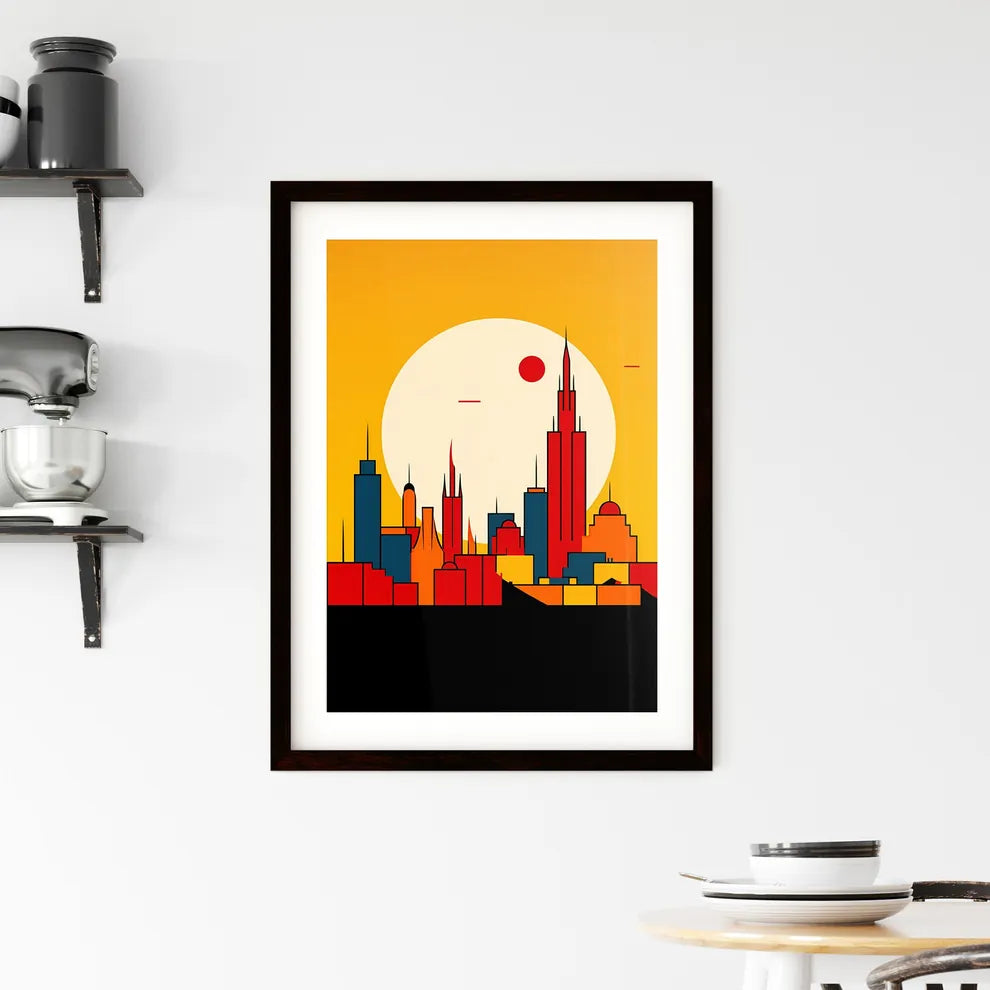 A Poster of minimalist Mexico City skyline - A City Skyline With A Sun Behind It Custom Print