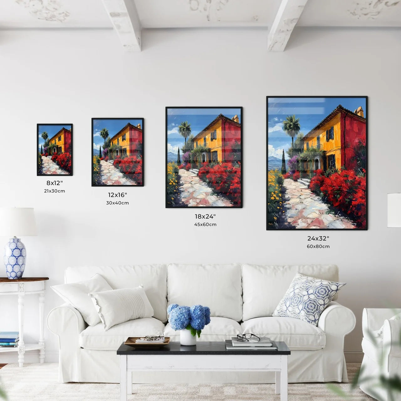 A Poster of Languedoc France - A Painting Of A House With Flowers And Trees Size Chart
